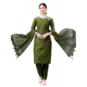 Women's Casual 3-4 th Sleeve Embroidery Cotton Kurti Pant Dupatta Set (Green)