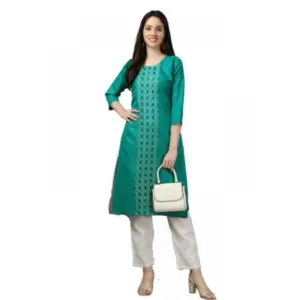Women's Casual 3-4 th Sleeve Embroidery Cotton Kurti (Light Green)