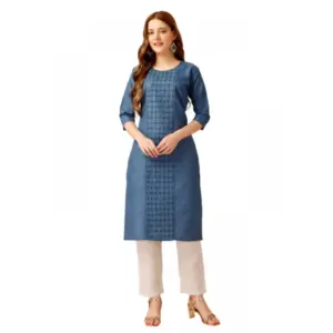 Women's Casual 3-4 th Sleeve Embroidery Cotton Kurti Pant Set (Light Blue)