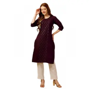 Women's Casual 3-4 th Sleeve Embroidery Cotton Kurti Pant Set (Purple)