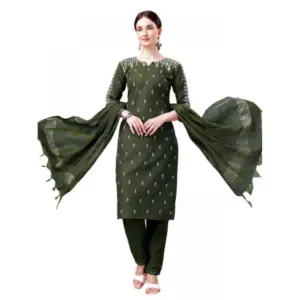 Women's Casual 3-4 th Sleeve Embroidery Cotton Kurti Pant Dupatta Set (Dark Green)