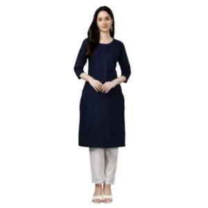 Women's Casual 3-4 th Sleeve Embroidery Cotton Kurti (Dark Blue)