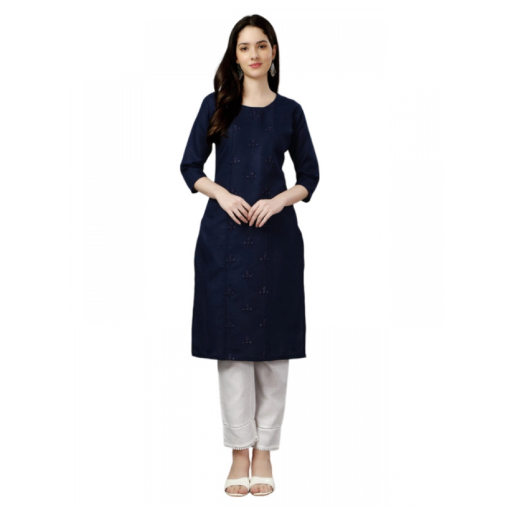 Women's Casual 3-4 th Sleeve Embroidery Cotton Kurti (Dark Blue)