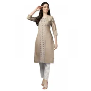 Women's Casual 3-4 th Sleeve Embroidery Cotton Kurti (Beige)