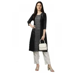 Women's Casual 3-4 th Sleeve Embroidery Cotton Kurti (Black)