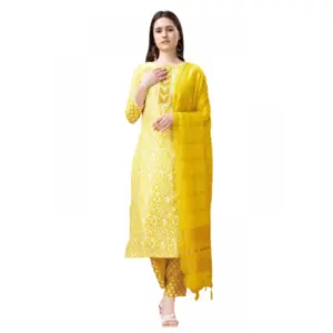 Women's Casual 3-4 th Sleeve Embroidery Rayon Kurti Pant Dupatta Set (Yellow)