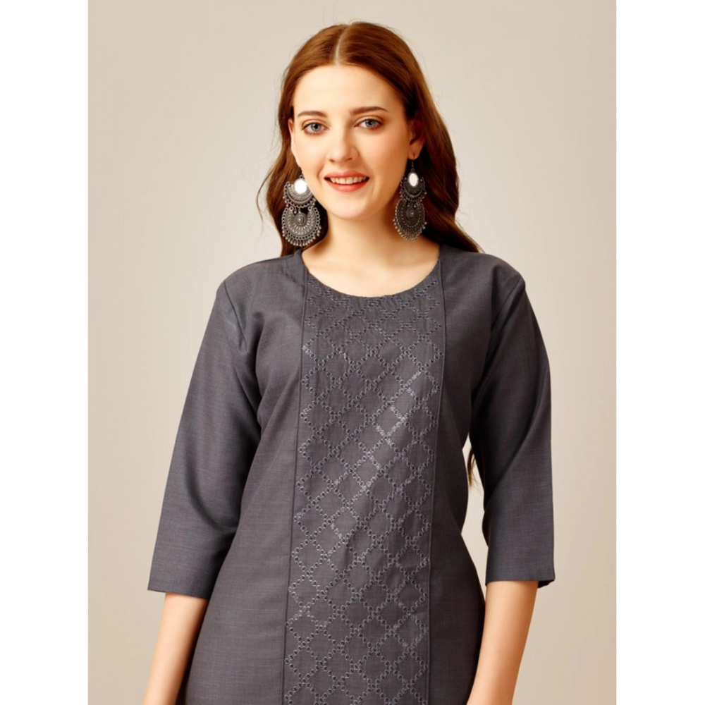Women's Casual 3-4 th Sleeve Embroidery Cotton Kurti Pant Set (Grey) - Image 3