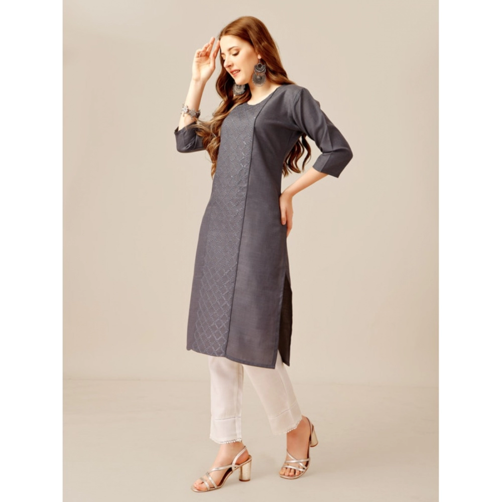 Women's Casual 3-4 th Sleeve Embroidery Cotton Kurti Pant Set (Grey) - Image 4