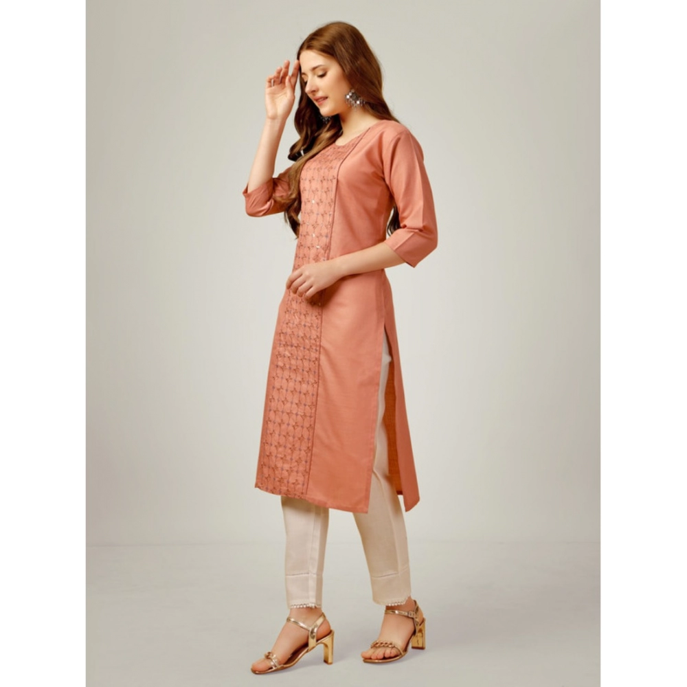 Women's Casual 3-4 th Sleeve Embroidery Cotton Kurti Pant Set (Orange) - Image 4