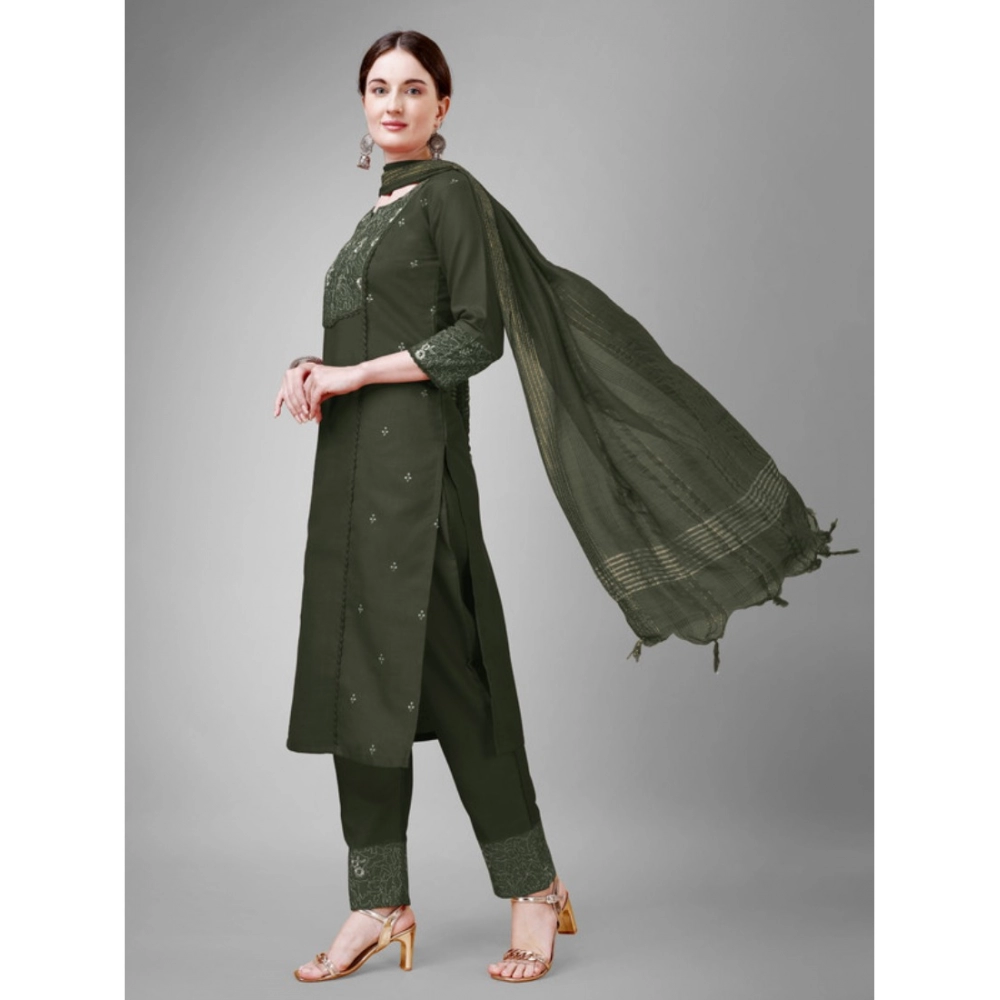 Women's Casual 3-4 th Sleeve Embroidery Cotton Kurti Pant Dupatta Set (Dark Green) - Image 4