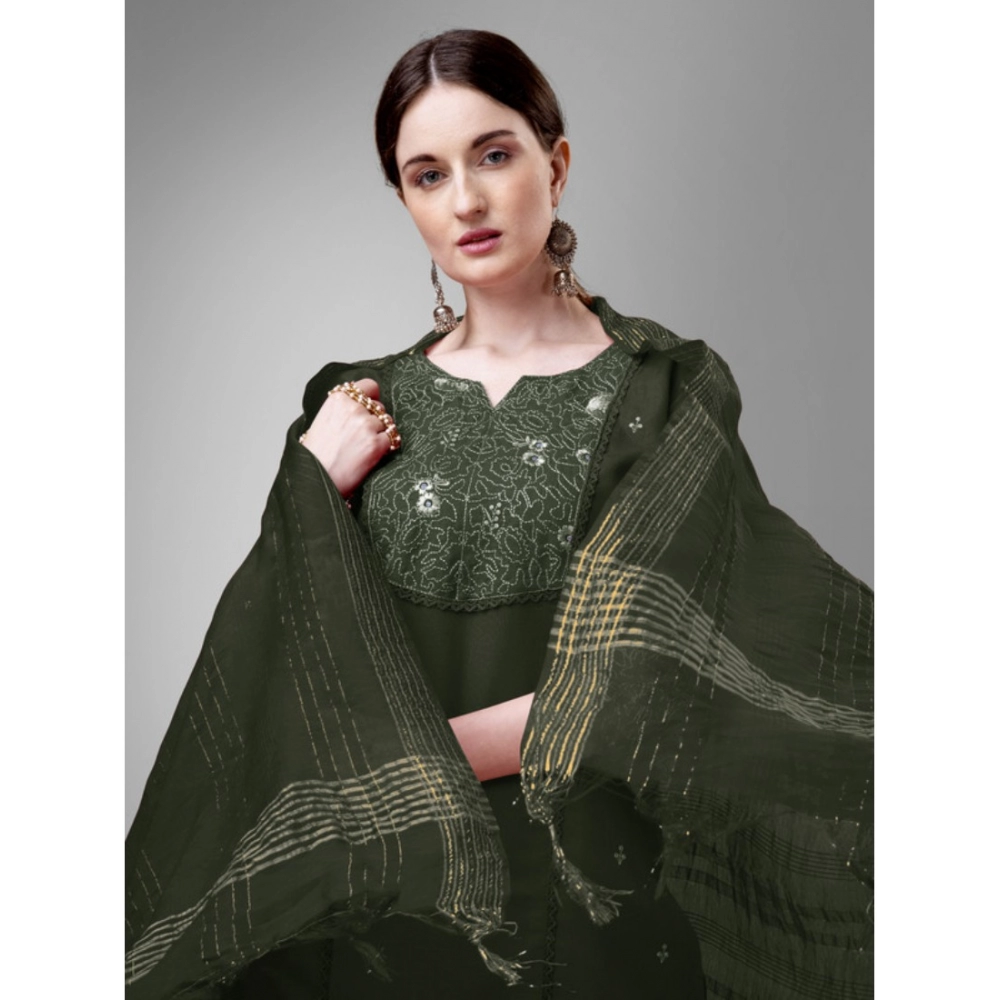 Women's Casual 3-4 th Sleeve Embroidery Cotton Kurti Pant Dupatta Set (Dark Green) - Image 3