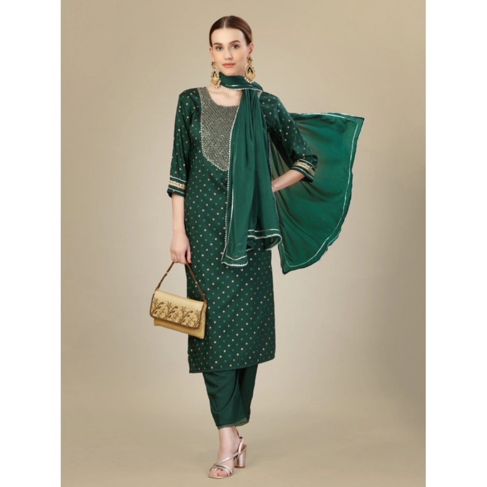 Women's Casual 3-4 th Sleeve Embroidery Silk Blend Kurti Pant Dupatta Set (Dark Green) - Image 3