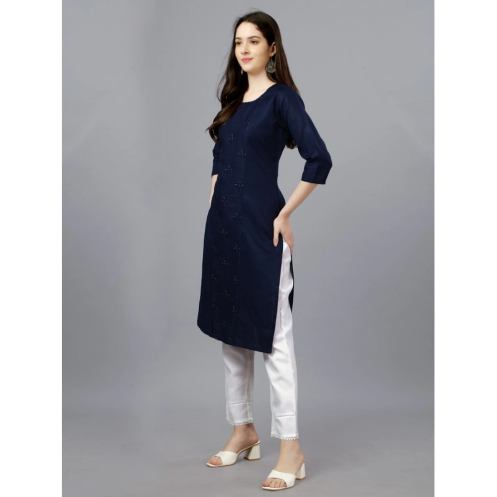 Women's Casual 3-4 th Sleeve Embroidery Cotton Kurti (Dark Blue) - Image 2