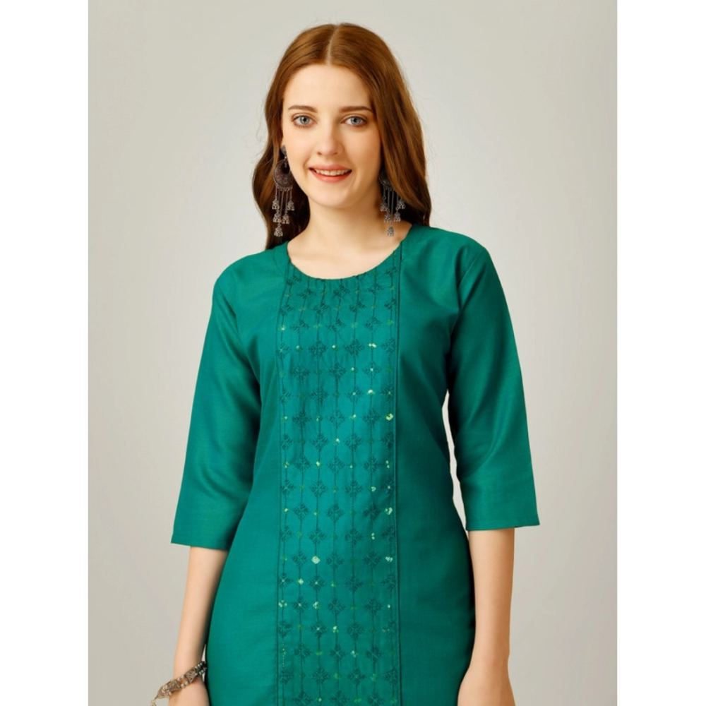 Women's Casual 3-4 th Sleeve Embroidery Cotton Kurti Pant Set (Light Green) - Image 5