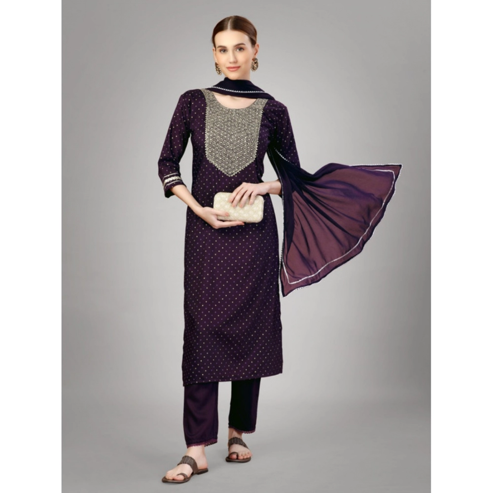 Women's Casual 3-4 th Sleeve Embroidery Silk Blend Kurti Pant Dupatta Set (Purple) - Image 3