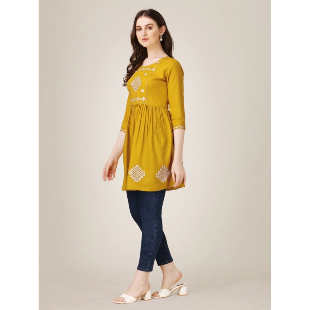 Women's Casual 3-4 th Sleeve Embroidered Rayon Tunic Top (Mustard) - Image 2