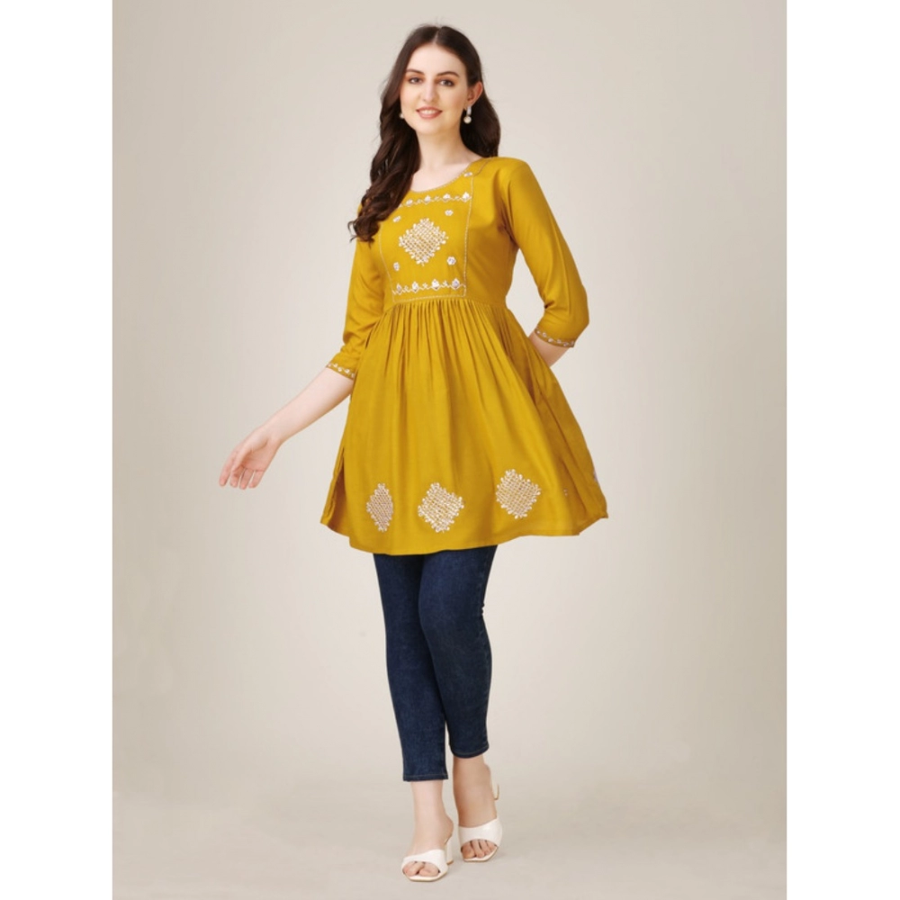 Women's Casual 3-4 th Sleeve Embroidered Rayon Tunic Top (Mustard) - Image 4