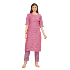 Women's Casual 3-4 th Sleeve Printed Cotton Kurti Pant Set (Pink)