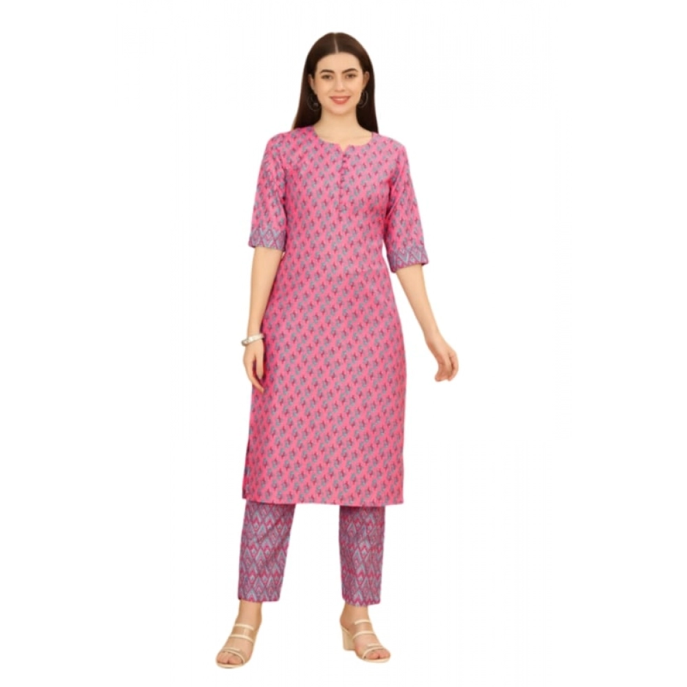 Women's Casual 3-4 th Sleeve Printed Cotton Kurti Pant Set (Pink)