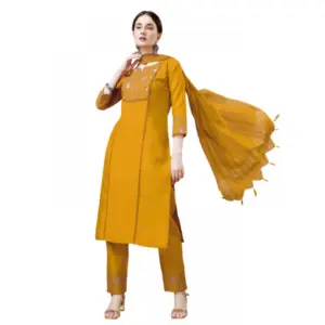 Women's Casual 3-4 th Sleeve Embroidery Cotton Kurti Pant Dupatta Set (Yellow)