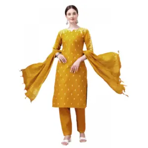 Women's Casual 3-4 th Sleeve Embroidery Cotton Kurti Pant Dupatta Set (Yellow)