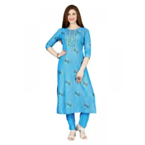 Women's Casual 3-4 th Sleeve Embroidery Rayon Kurti Pant Set (Light Blue)