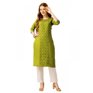 Women's Casual 3-4 th Sleeve Embroidery Cotton Kurti Pant Set (Green)