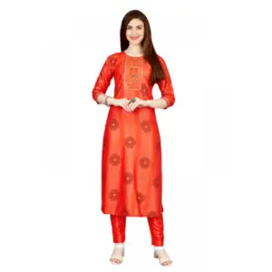 Women's Casual 3-4 th Sleeve Embroidery Rayon Kurti Pant Set (Orange)