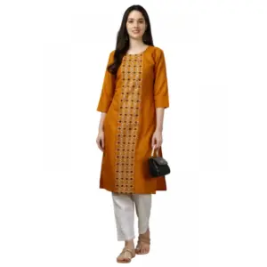 Women's Casual 3-4 th Sleeve Embroidery Cotton Kurti (Mustard)