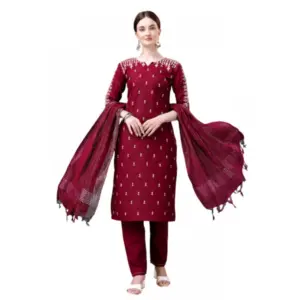 Women's Casual 3-4 th Sleeve Embroidery Cotton Kurti Pant Dupatta Set (Maroon)