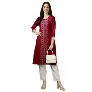 Women's Casual 3-4 th Sleeve Embroidery Cotton Kurti (Maroon)
