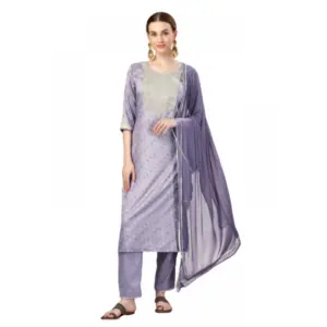 Women's Casual 3-4 th Sleeve Embroidery Silk Blend Kurti Pant Dupatta Set (Lavender)