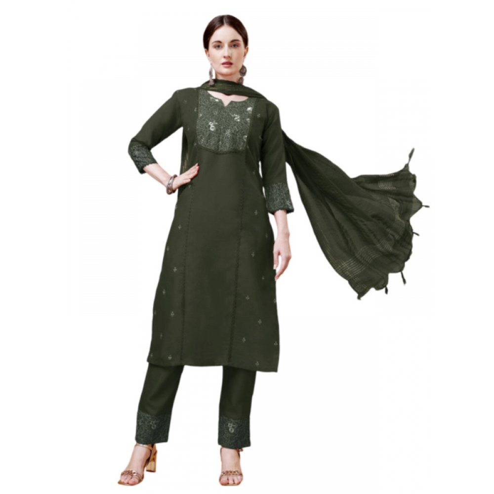 Women's Casual 3-4 th Sleeve Embroidery Cotton Kurti Pant Dupatta Set (Dark Green)