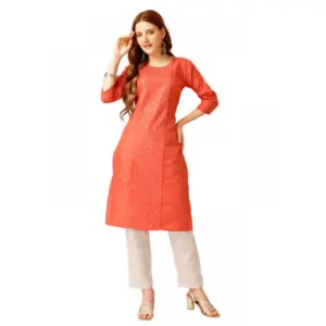 Women's Casual 3-4 th Sleeve Embroidery Cotton Kurti Pant Set (Orange)