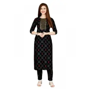 Women's Casual 3-4 th Sleeve Embroidery Rayon Kurti Pant Set (Black)