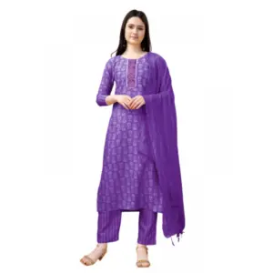 Women's Casual 3-4 th Sleeve Embroidery Rayon Kurti Pant Dupatta Set (Purple)