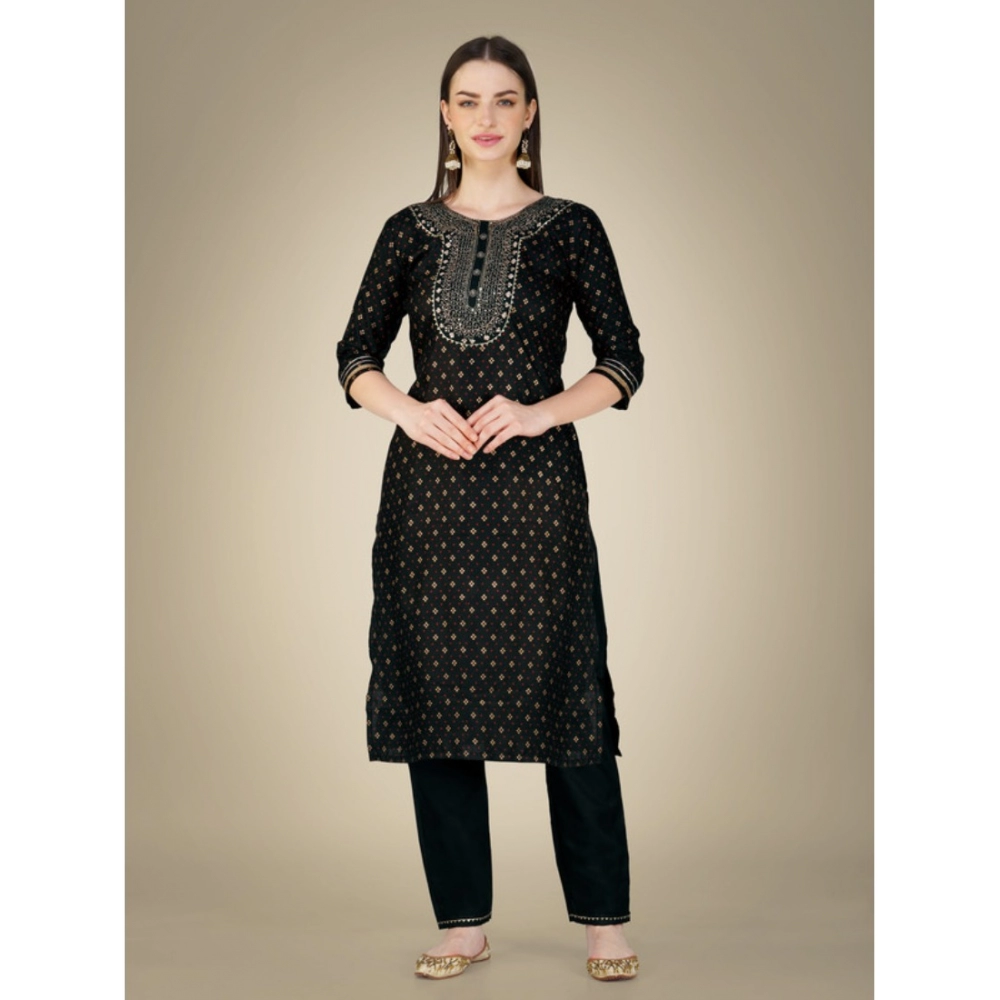 Women's Casual 3-4 th Sleeve Embroidery Cotton Kurti Pant Dupatta Set (Black) - Image 7