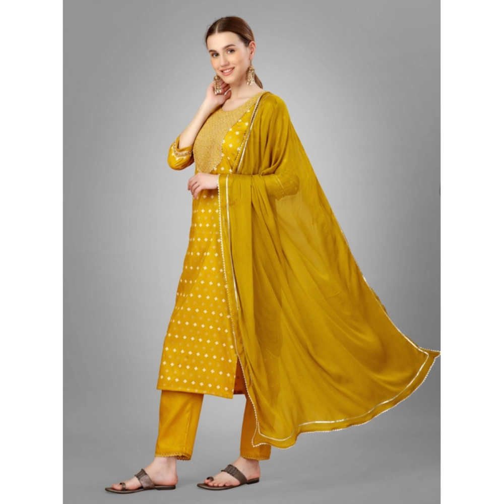 Women's Casual 3-4 th Sleeve Embroidery Silk Blend Kurti Pant Dupatta Set (Golden) - Image 5
