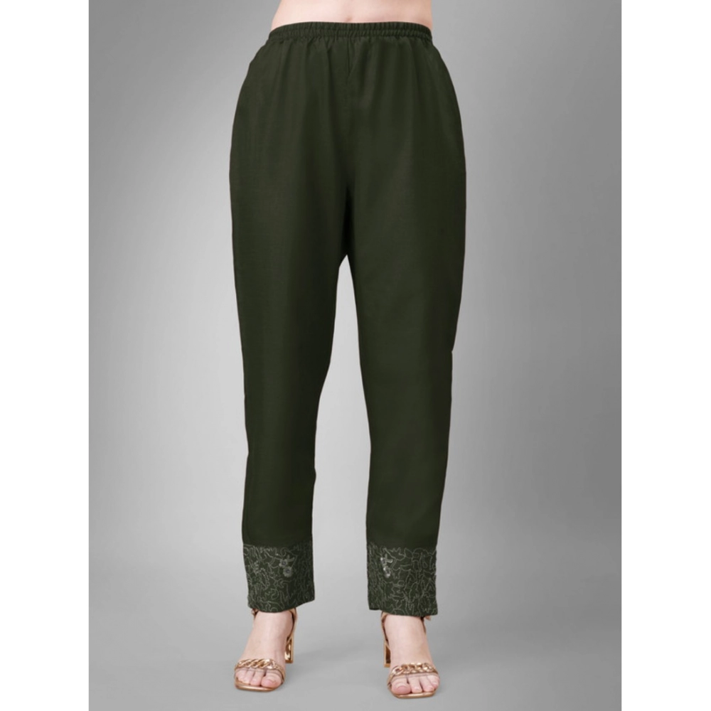 Women's Casual 3-4 th Sleeve Embroidery Cotton Kurti Pant Dupatta Set (Dark Green) - Image 2