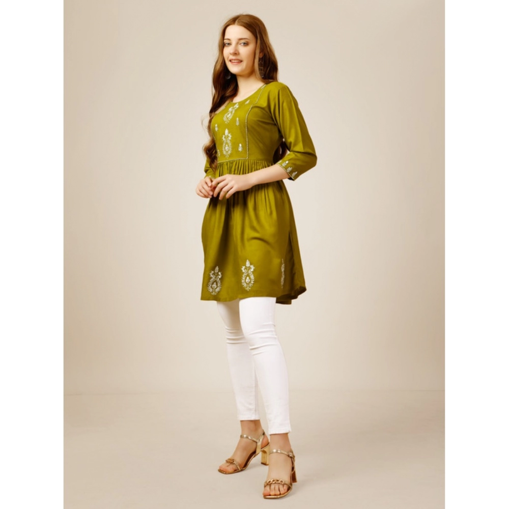 Women's Casual 3-4 th Sleeve Embroidered Rayon Tunic Top (Green) - Image 3