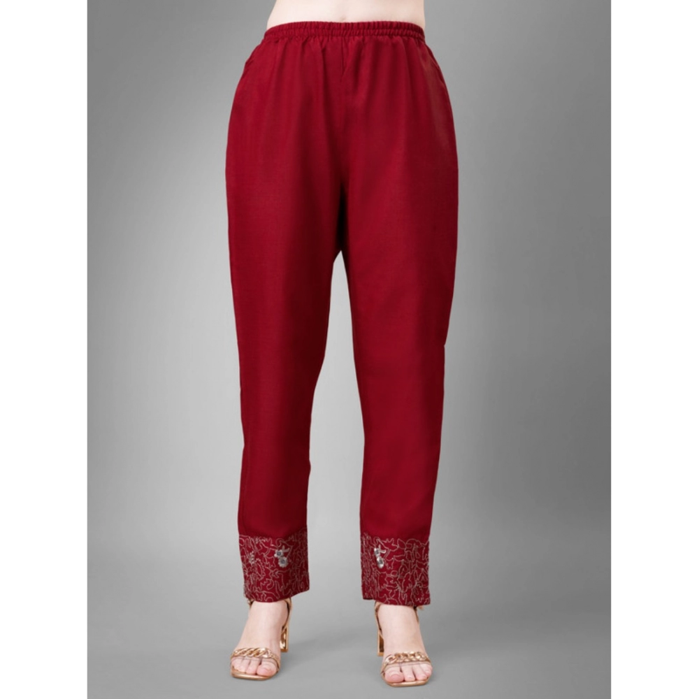 Women's Casual 3-4 th Sleeve Embroidery Cotton Kurti Pant Dupatta Set (Maroon) - Image 2