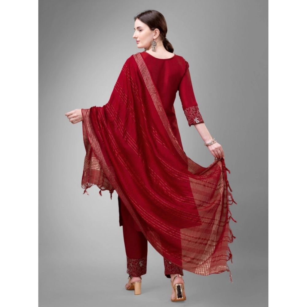 Women's Casual 3-4 th Sleeve Embroidery Cotton Kurti Pant Dupatta Set (Maroon) - Image 6