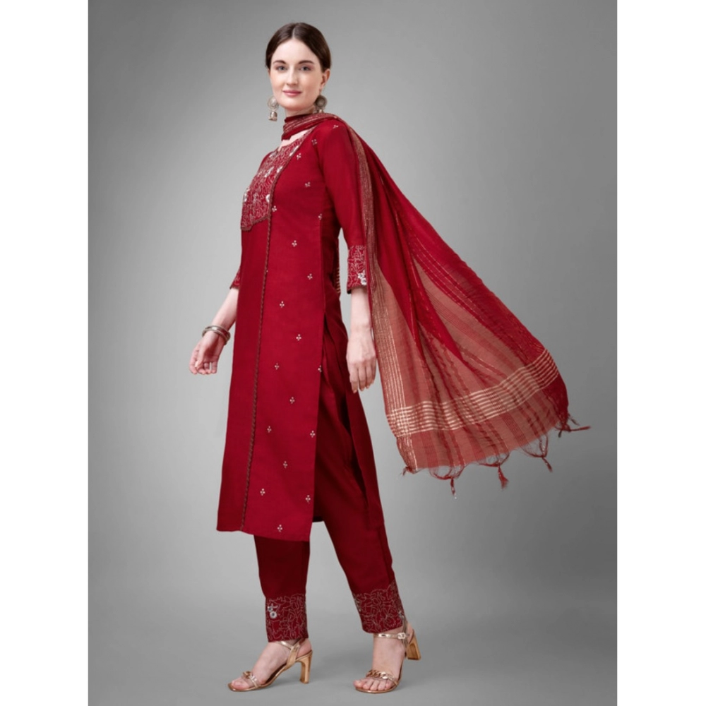 Women's Casual 3-4 th Sleeve Embroidery Cotton Kurti Pant Dupatta Set (Maroon) - Image 4