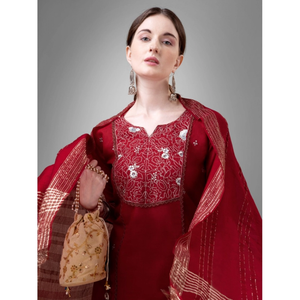 Women's Casual 3-4 th Sleeve Embroidery Cotton Kurti Pant Dupatta Set (Maroon) - Image 3