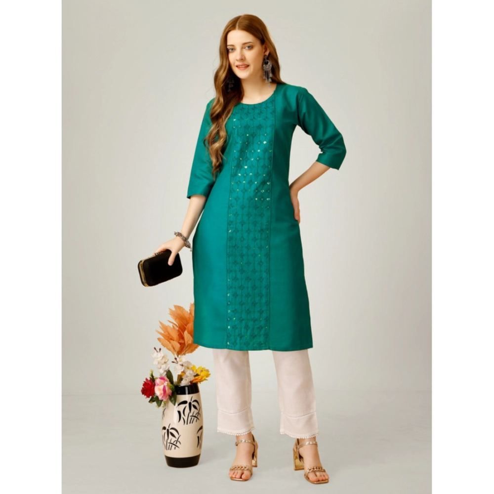 Women's Casual 3-4 th Sleeve Embroidery Cotton Kurti Pant Set (Light Green) - Image 3
