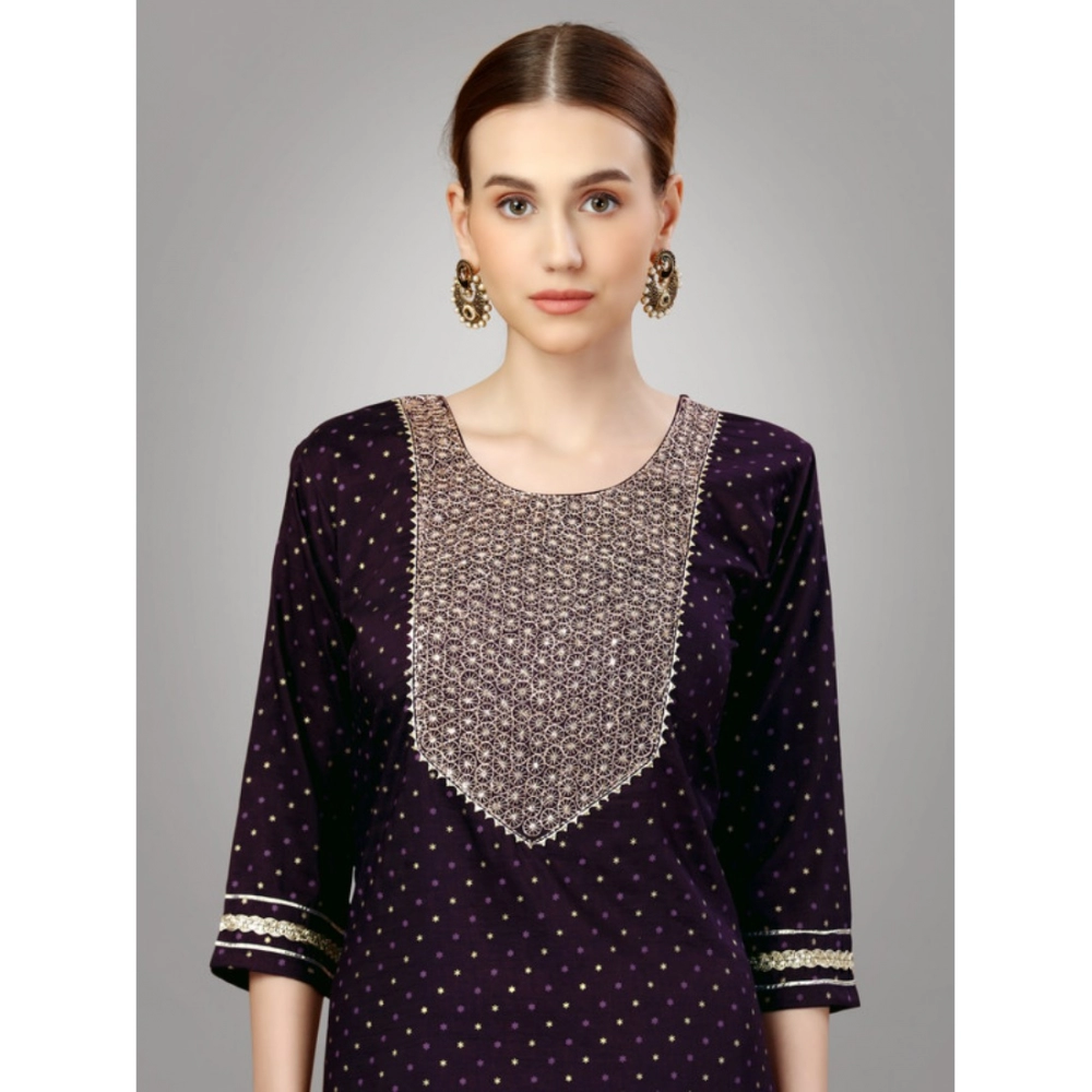 Women's Casual 3-4 th Sleeve Embroidery Silk Blend Kurti Pant Dupatta Set (Purple) - Image 4