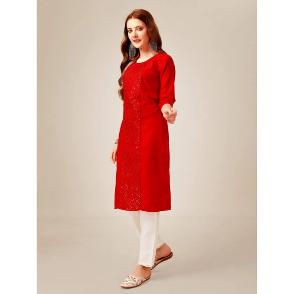 Women's Casual 3-4 th Sleeve Embroidery Cotton Kurti Pant Set (Red) - Image 5