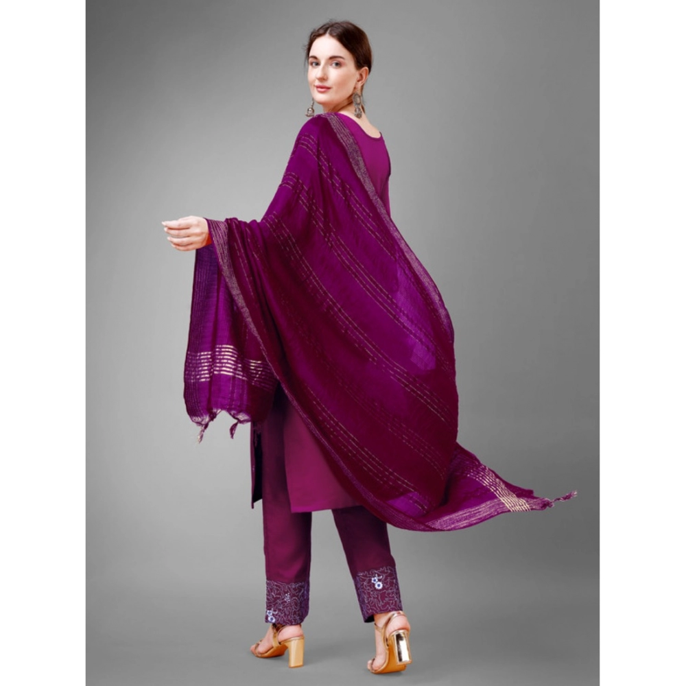 Women's Casual 3-4 th Sleeve Embroidery Cotton Kurti Pant Dupatta Set (Purple) - Image 6