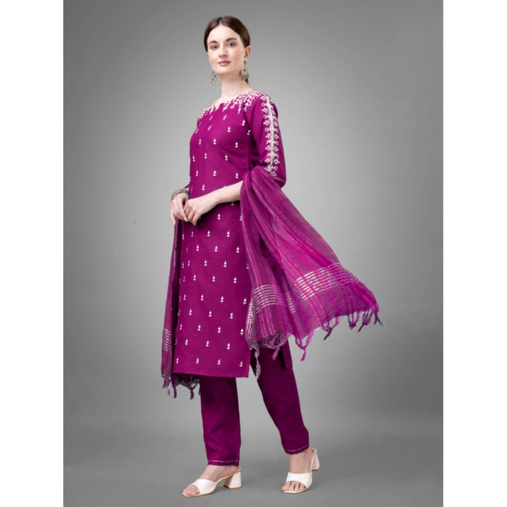 Women's Casual 3-4 th Sleeve Embroidery Cotton Kurti Pant Dupatta Set (Purple) - Image 4