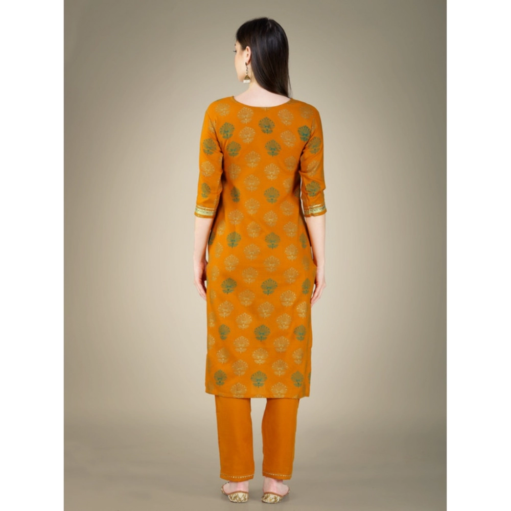 Women's Casual 3-4 th Sleeve Embroidery Cotton Kurti Pant Dupatta Set (Yellow) - Image 4